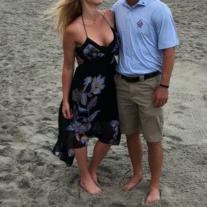 White House black market blue, tan, and black summer dress